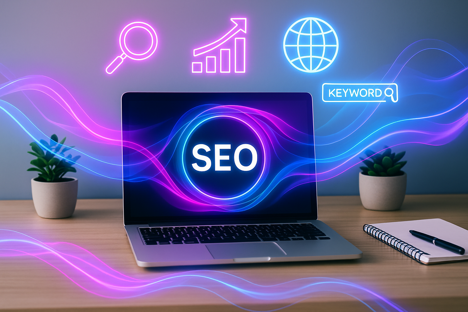 Creasphere – Optimisation SEO et visibilité en ligne Image illustrant l’optimisation SEO proposée par Creasphere (LAD TECH), représentant un ordinateur affichant des indicateurs de performance et des éléments digitaux en violet, rose et bleu.